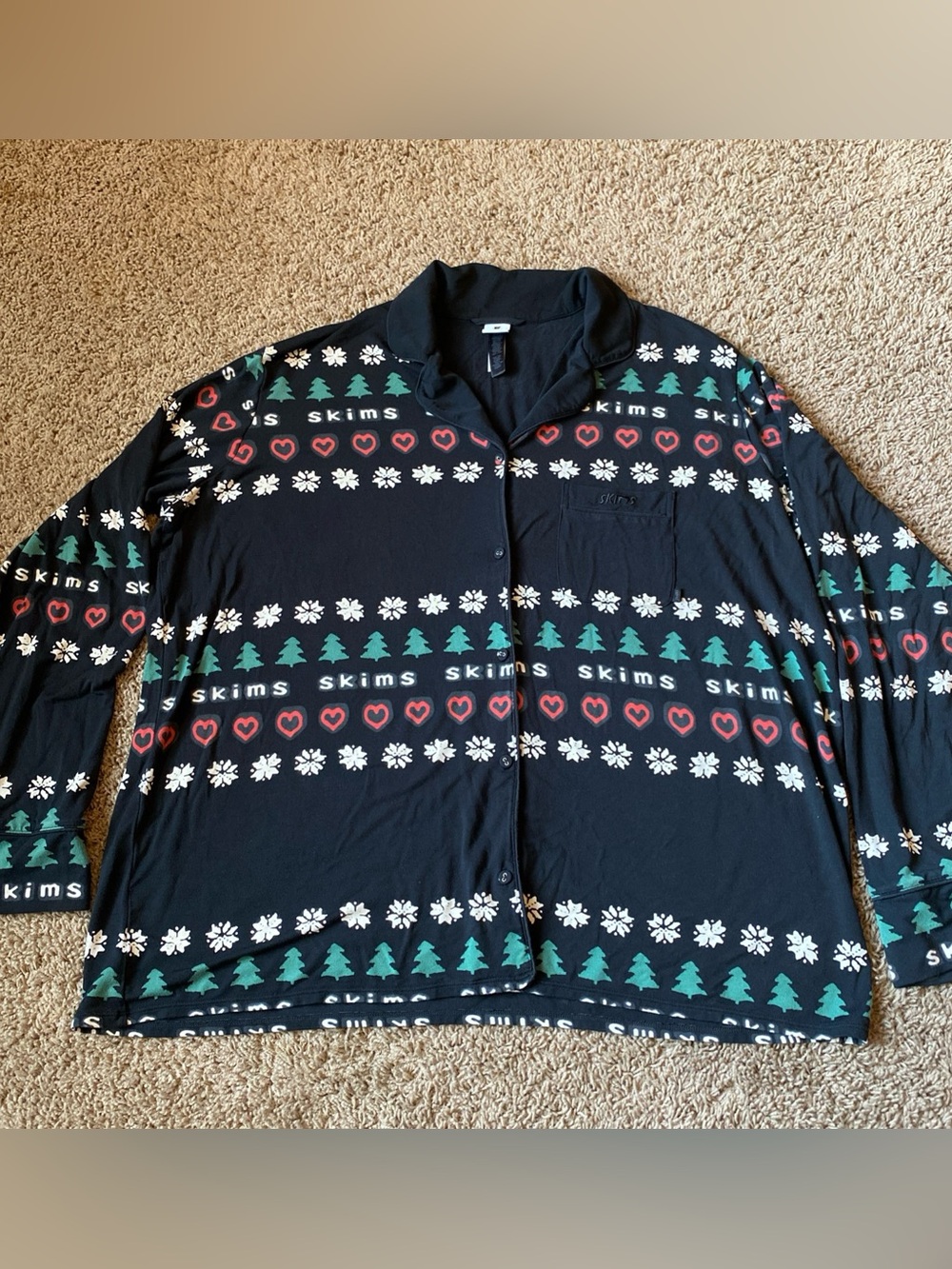Skims Holiday Tree Snowflake Pajama Top Size XL Black Christmas Lounge Modal